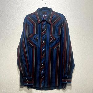 Wrangler Western Dress Shirt Mens 17.5 Multicolor Striped Cotton Pearl Snap Blue